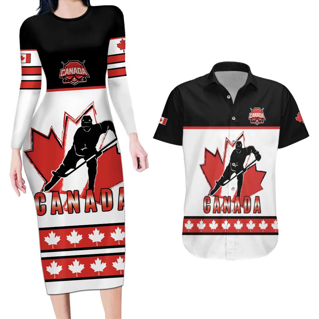 Custom Canada Ice Hockey Couples Matching Long Sleeve Bodycon Dress and Hawaiian Shirt Go Team Canada