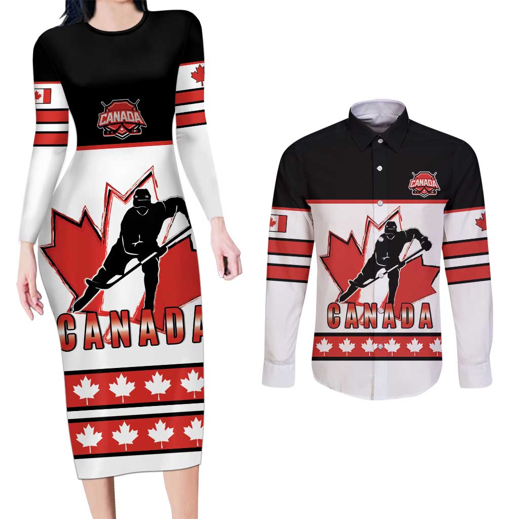 Custom Canada Ice Hockey Couples Matching Long Sleeve Bodycon Dress and Long Sleeve Button Shirt Go Team Canada