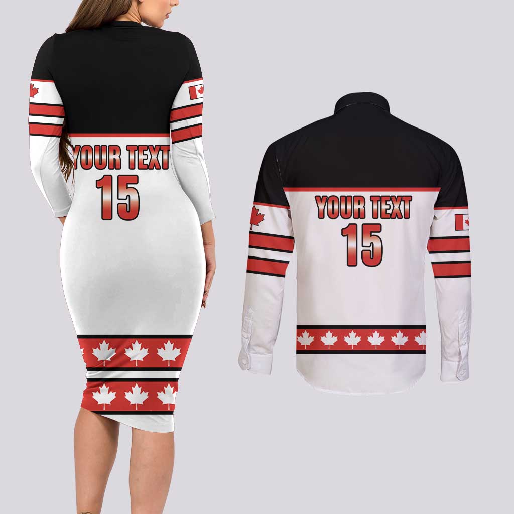 Custom Canada Ice Hockey Couples Matching Long Sleeve Bodycon Dress and Long Sleeve Button Shirt Go Team Canada