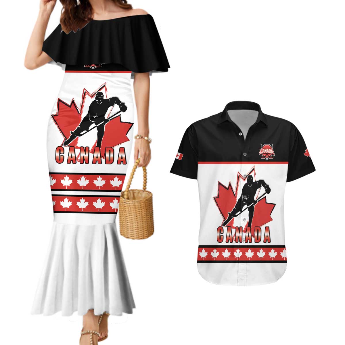 Custom Canada Ice Hockey Couples Matching Mermaid Dress and Hawaiian Shirt Go Team Canada