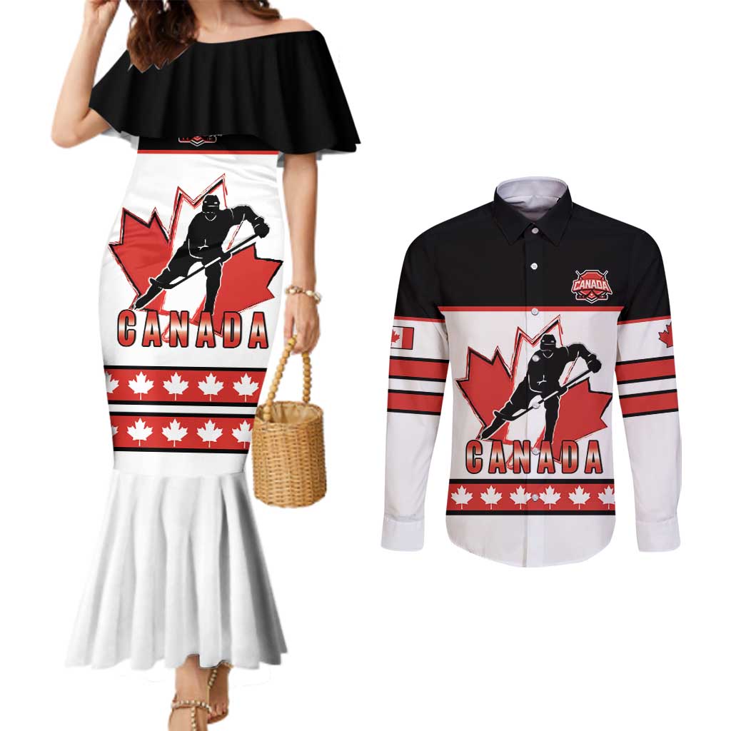 Custom Canada Ice Hockey Couples Matching Mermaid Dress and Long Sleeve Button Shirt Go Team Canada