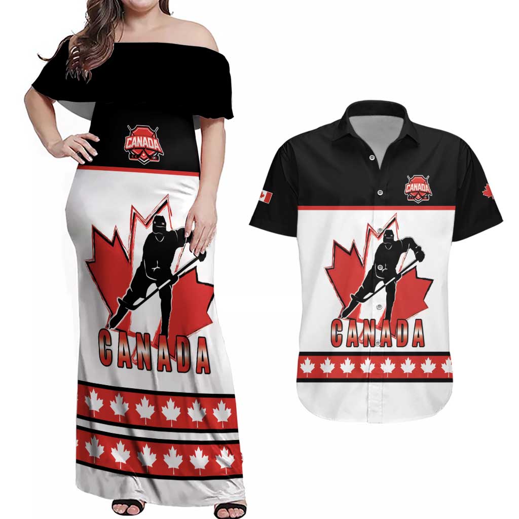 Custom Canada Ice Hockey Couples Matching Off Shoulder Maxi Dress and Hawaiian Shirt Go Team Canada
