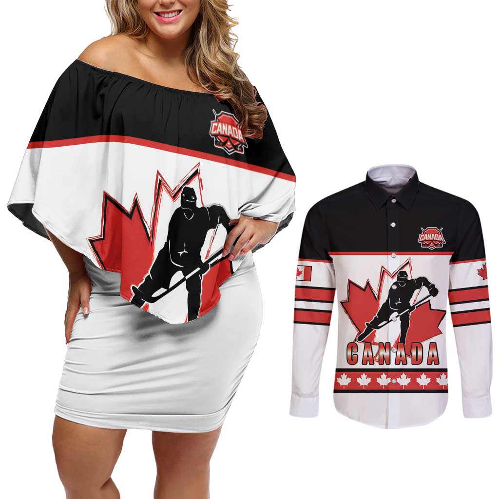 Custom Canada Ice Hockey Couples Matching Off Shoulder Short Dress and Long Sleeve Button Shirt Go Team Canada