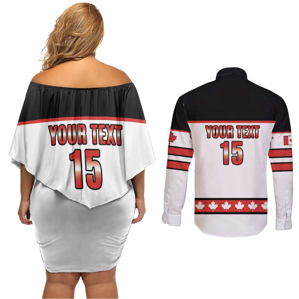 Custom Canada Ice Hockey Couples Matching Off Shoulder Short Dress and Long Sleeve Button Shirt Go Team Canada