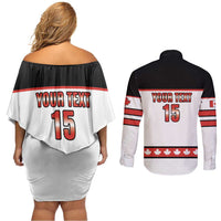 Custom Canada Ice Hockey Couples Matching Off Shoulder Short Dress and Long Sleeve Button Shirt Go Team Canada