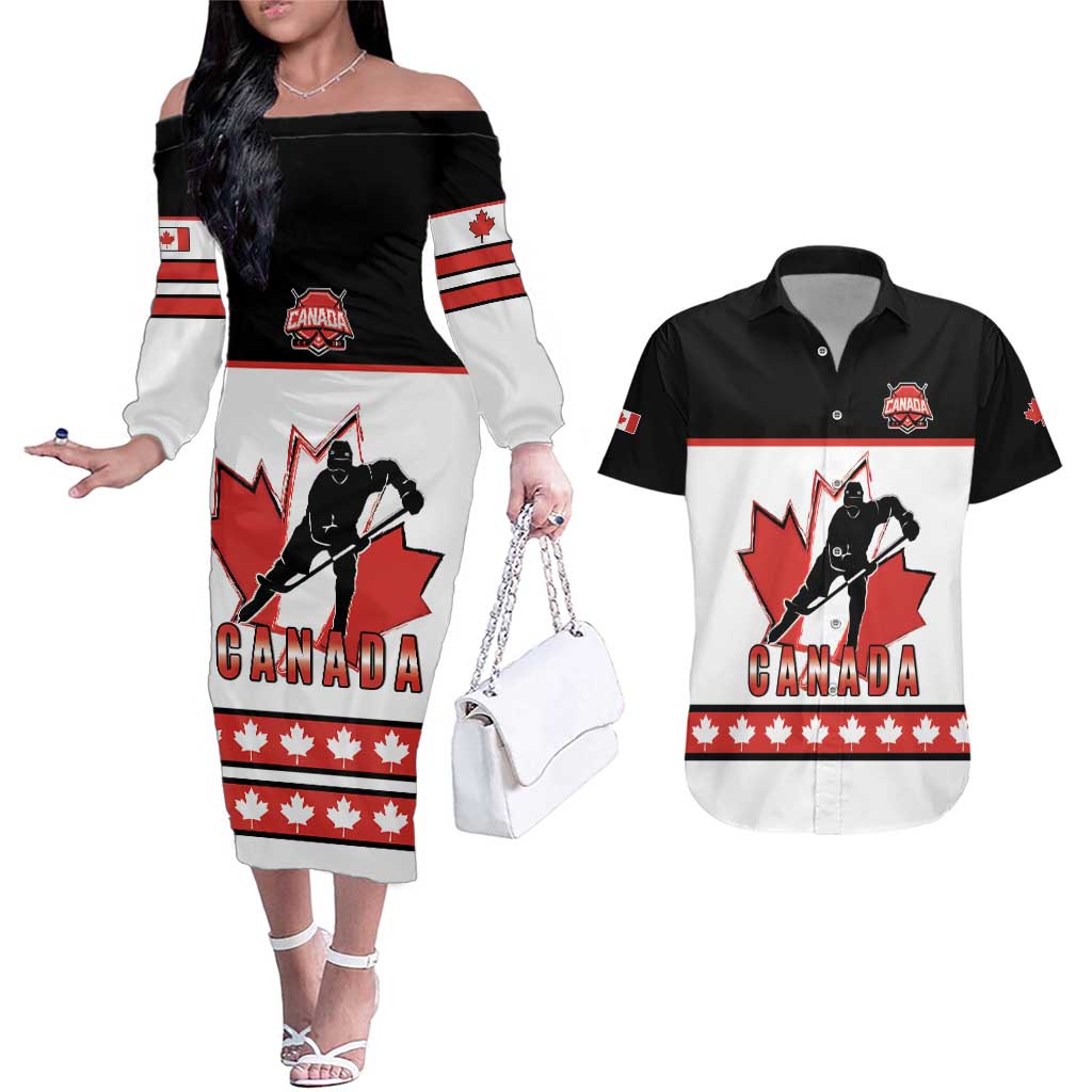 Custom Canada Ice Hockey Couples Matching Off The Shoulder Long Sleeve Dress and Hawaiian Shirt Go Team Canada