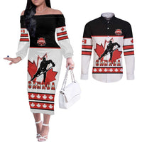 Custom Canada Ice Hockey Couples Matching Off The Shoulder Long Sleeve Dress and Long Sleeve Button Shirt Go Team Canada