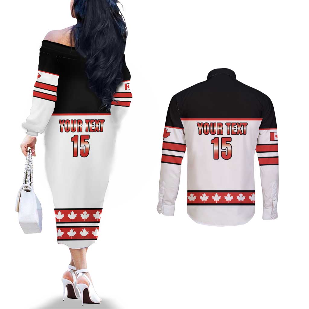Custom Canada Ice Hockey Couples Matching Off The Shoulder Long Sleeve Dress and Long Sleeve Button Shirt Go Team Canada
