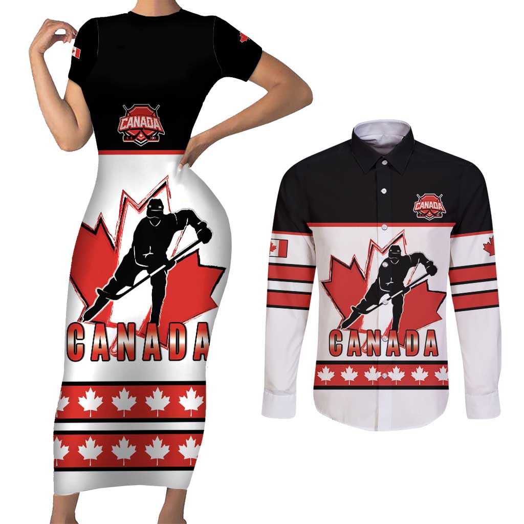 Custom Canada Ice Hockey Couples Matching Short Sleeve Bodycon Dress and Long Sleeve Button Shirt Go Team Canada