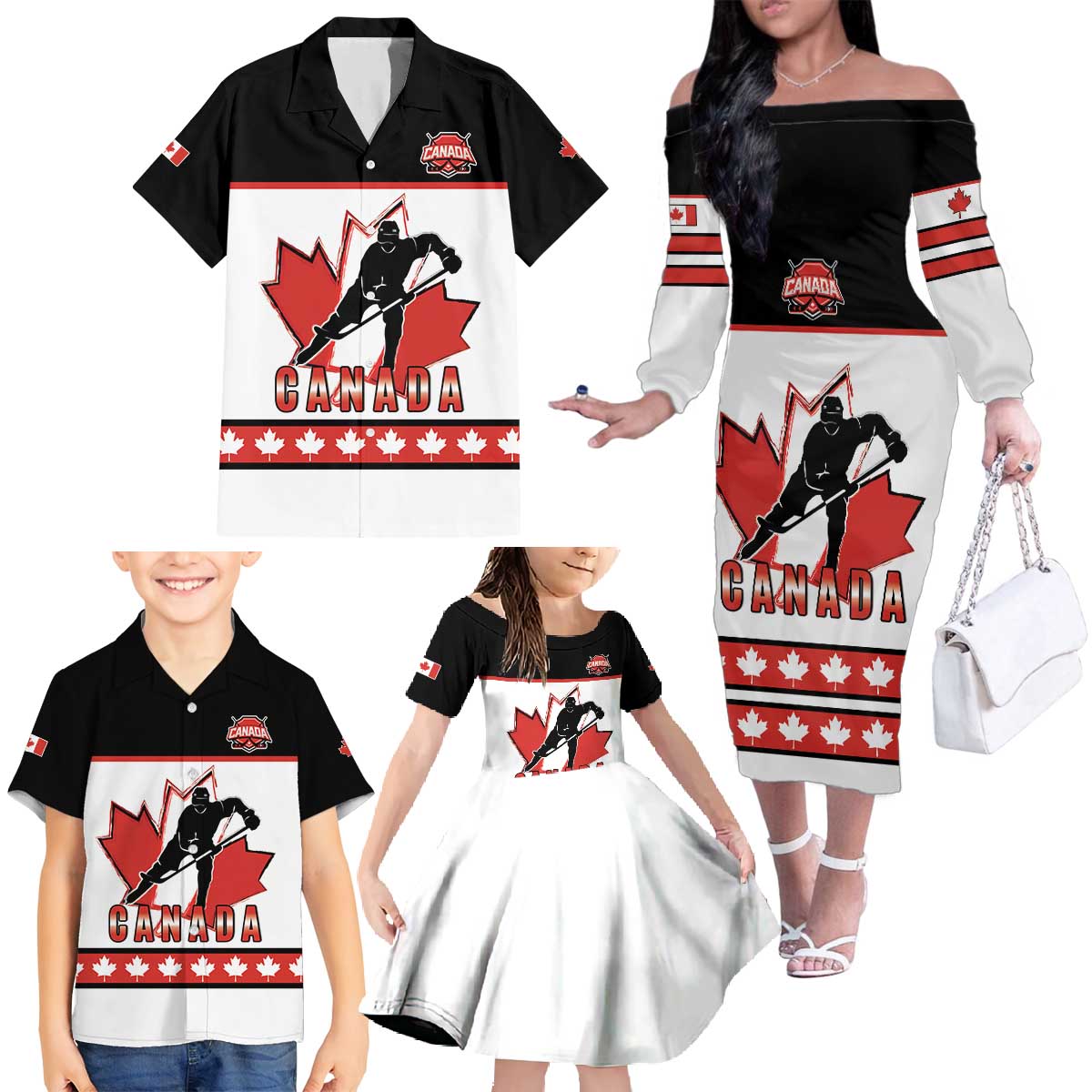 Custom Canada Ice Hockey Family Matching Off The Shoulder Long Sleeve Dress and Hawaiian Shirt Go Team Canada