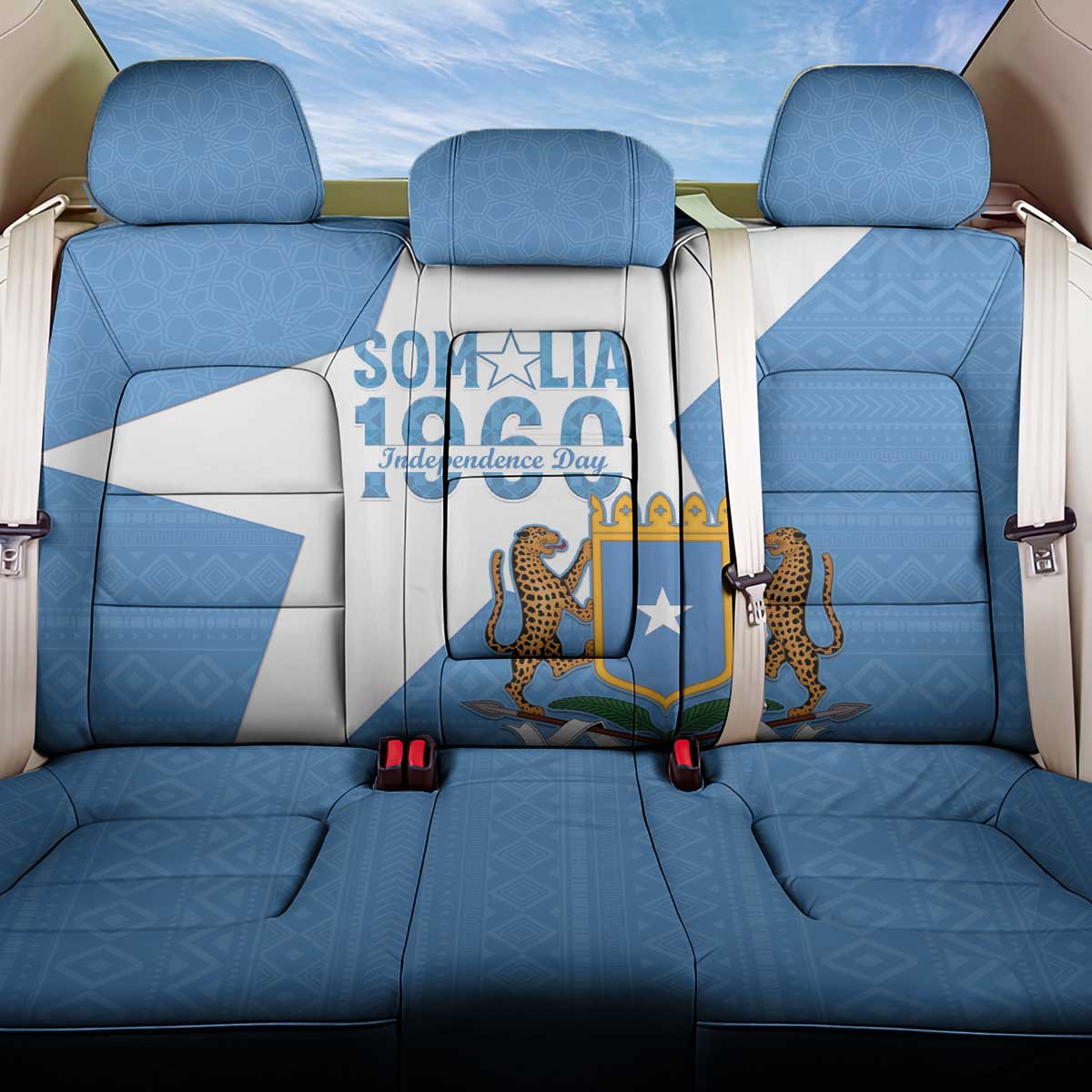 Personalized Somalia 1960 Independence Day Back Car Seat Cover Coat Of Arms Islamic Mix African Pattern