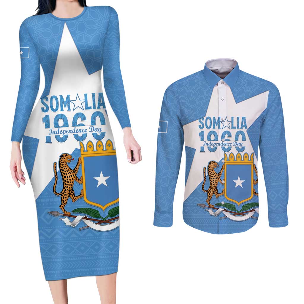 Personalized Somalia 1960 Independence Day Couples Matching Long Sleeve Bodycon Dress and Long Sleeve Button Shirt Coat Of Arms Islamic Mix African Pattern