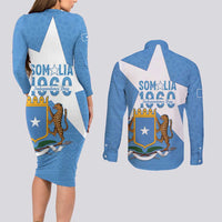 Personalized Somalia 1960 Independence Day Couples Matching Long Sleeve Bodycon Dress and Long Sleeve Button Shirt Coat Of Arms Islamic Mix African Pattern