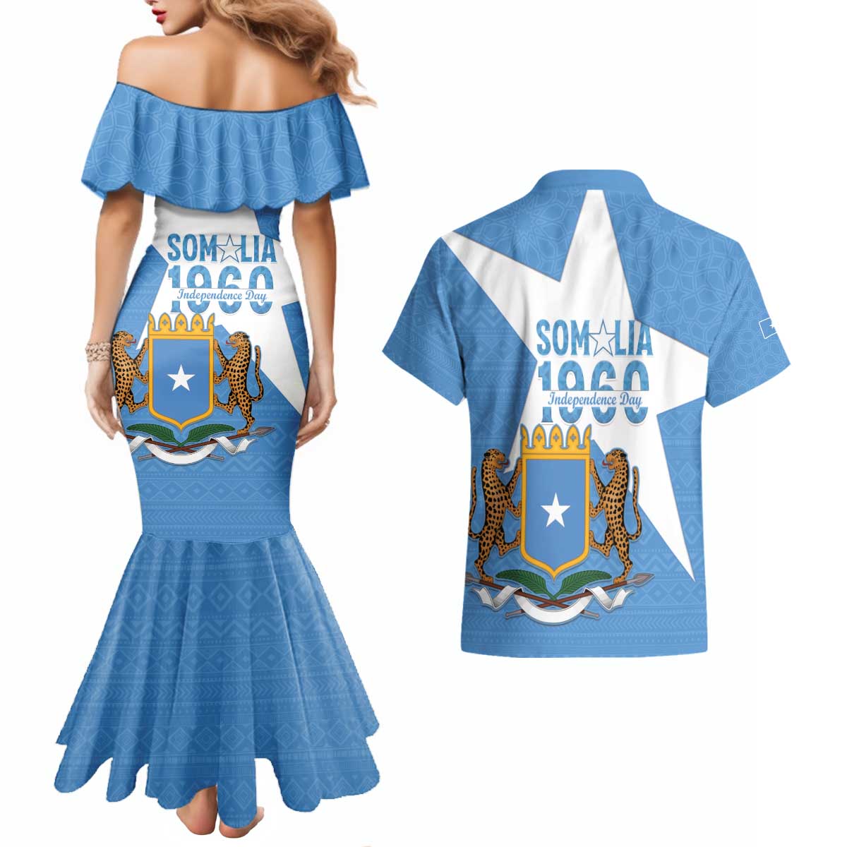 Personalized Somalia 1960 Independence Day Couples Matching Mermaid Dress and Hawaiian Shirt Coat Of Arms Islamic Mix African Pattern