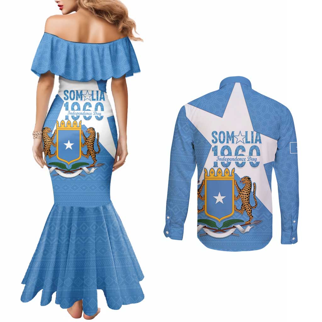 Personalized Somalia 1960 Independence Day Couples Matching Mermaid Dress and Long Sleeve Button Shirt Coat Of Arms Islamic Mix African Pattern
