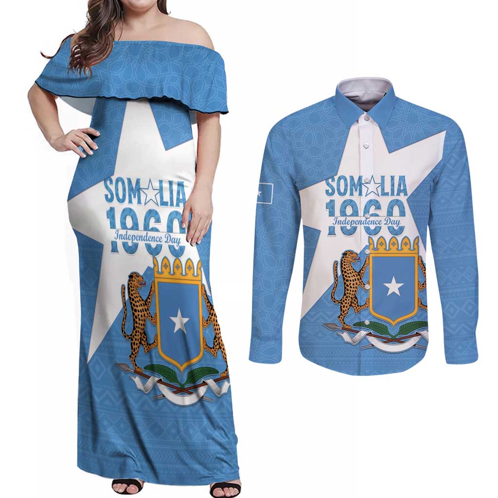 Personalized Somalia 1960 Independence Day Couples Matching Off Shoulder Maxi Dress and Long Sleeve Button Shirt Coat Of Arms Islamic Mix African Pattern