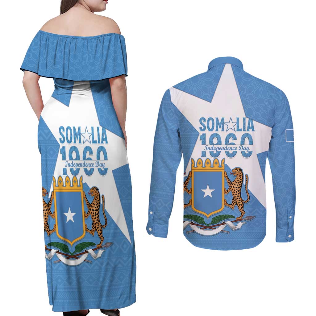 Personalized Somalia 1960 Independence Day Couples Matching Off Shoulder Maxi Dress and Long Sleeve Button Shirt Coat Of Arms Islamic Mix African Pattern