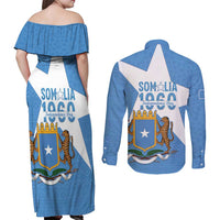 Personalized Somalia 1960 Independence Day Couples Matching Off Shoulder Maxi Dress and Long Sleeve Button Shirt Coat Of Arms Islamic Mix African Pattern