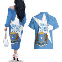 Personalized Somalia 1960 Independence Day Couples Matching Off The Shoulder Long Sleeve Dress and Hawaiian Shirt Coat Of Arms Islamic Mix African Pattern