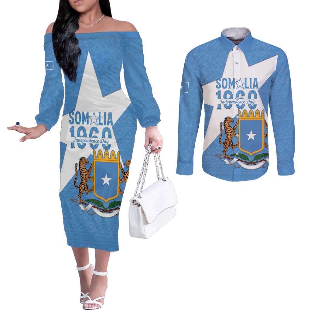 Personalized Somalia 1960 Independence Day Couples Matching Off The Shoulder Long Sleeve Dress and Long Sleeve Button Shirt Coat Of Arms Islamic Mix African Pattern