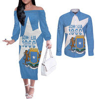 Personalized Somalia 1960 Independence Day Couples Matching Off The Shoulder Long Sleeve Dress and Long Sleeve Button Shirt Coat Of Arms Islamic Mix African Pattern