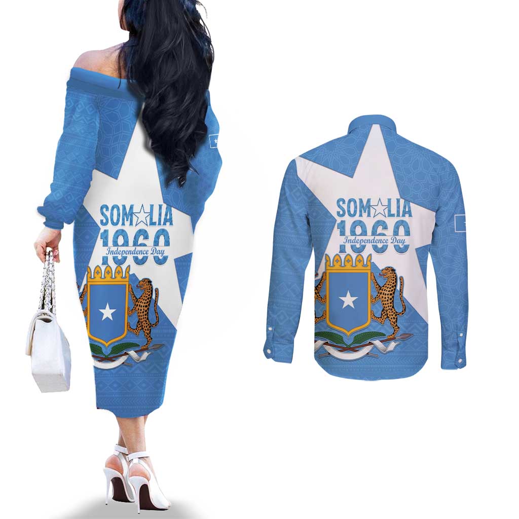 Personalized Somalia 1960 Independence Day Couples Matching Off The Shoulder Long Sleeve Dress and Long Sleeve Button Shirt Coat Of Arms Islamic Mix African Pattern