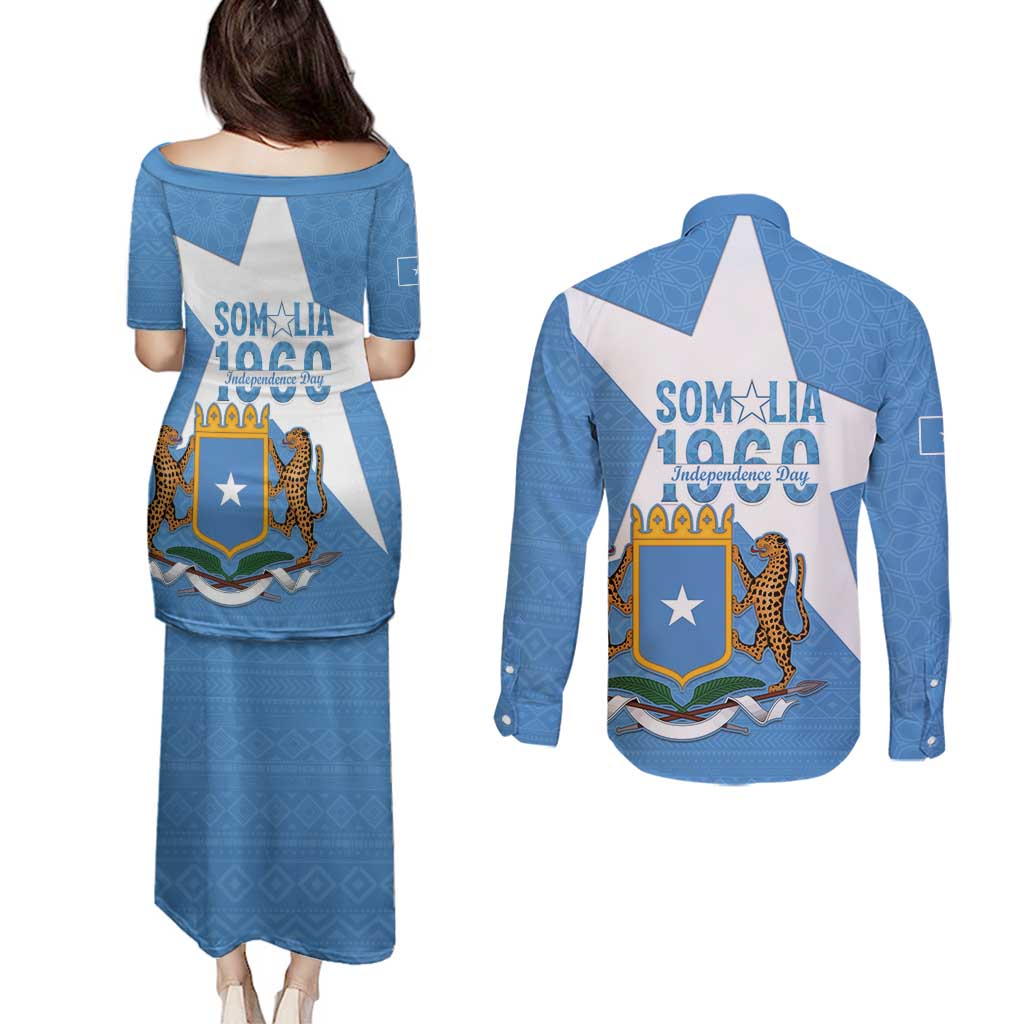 Personalized Somalia 1960 Independence Day Couples Matching Puletasi and Long Sleeve Button Shirt Coat Of Arms Islamic Mix African Pattern
