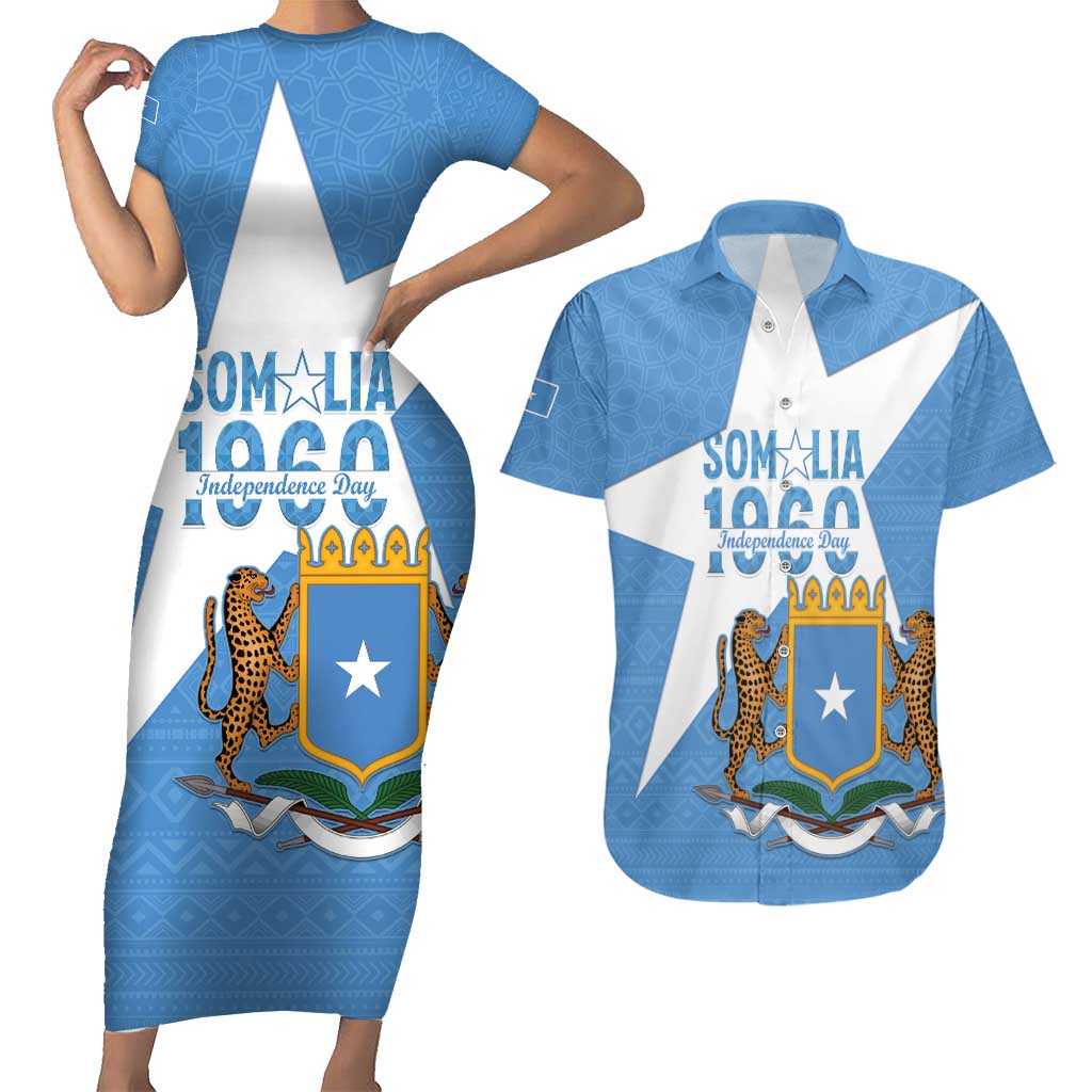 Personalized Somalia 1960 Independence Day Couples Matching Short Sleeve Bodycon Dress and Hawaiian Shirt Coat Of Arms Islamic Mix African Pattern