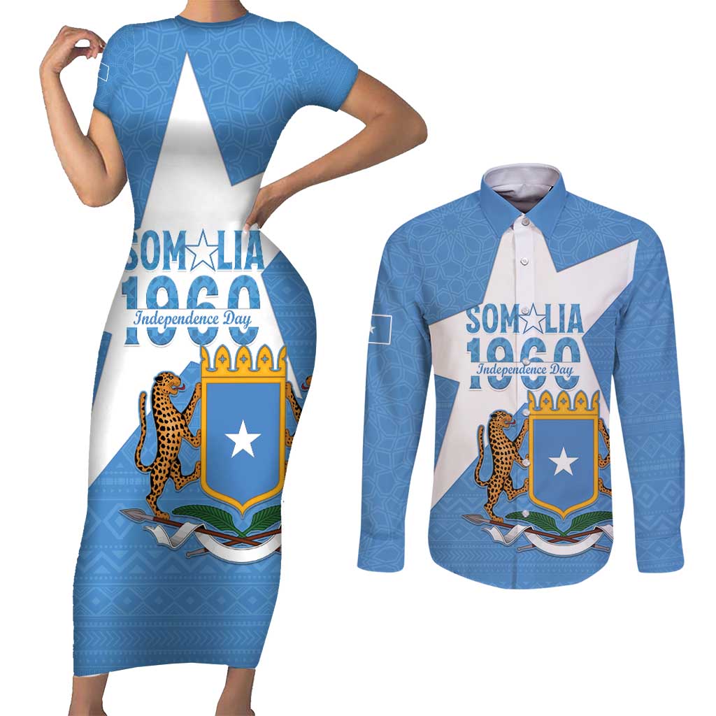 Personalized Somalia 1960 Independence Day Couples Matching Short Sleeve Bodycon Dress and Long Sleeve Button Shirt Coat Of Arms Islamic Mix African Pattern