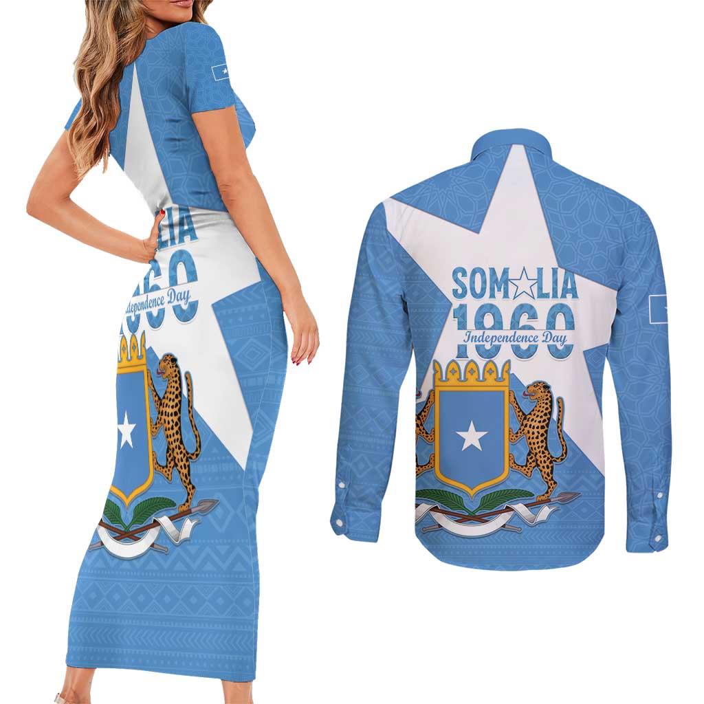 Personalized Somalia 1960 Independence Day Couples Matching Short Sleeve Bodycon Dress and Long Sleeve Button Shirt Coat Of Arms Islamic Mix African Pattern