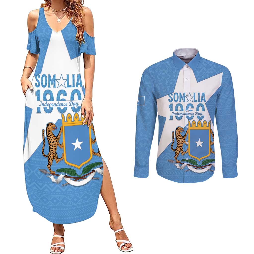 Personalized Somalia 1960 Independence Day Couples Matching Summer Maxi Dress and Long Sleeve Button Shirt Coat Of Arms Islamic Mix African Pattern