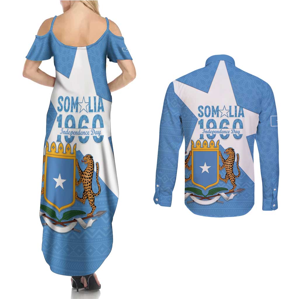 Personalized Somalia 1960 Independence Day Couples Matching Summer Maxi Dress and Long Sleeve Button Shirt Coat Of Arms Islamic Mix African Pattern