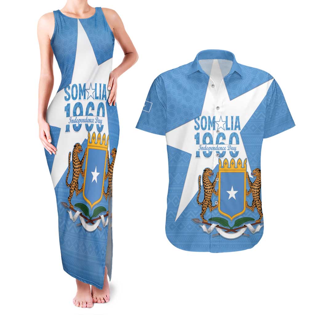 Personalized Somalia 1960 Independence Day Couples Matching Tank Maxi Dress and Hawaiian Shirt Coat Of Arms Islamic Mix African Pattern