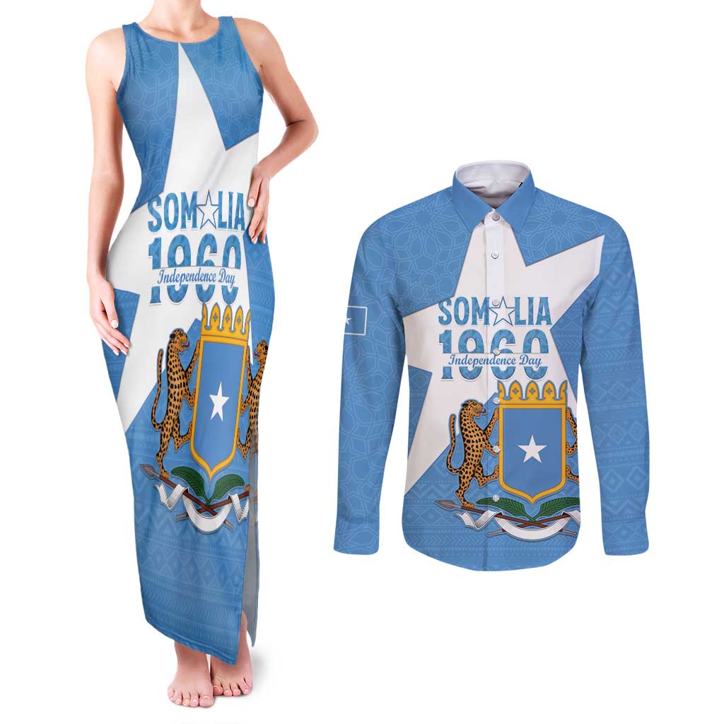 Personalized Somalia 1960 Independence Day Couples Matching Tank Maxi Dress and Long Sleeve Button Shirt Coat Of Arms Islamic Mix African Pattern