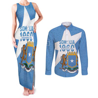 Personalized Somalia 1960 Independence Day Couples Matching Tank Maxi Dress and Long Sleeve Button Shirt Coat Of Arms Islamic Mix African Pattern