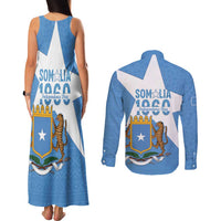 Personalized Somalia 1960 Independence Day Couples Matching Tank Maxi Dress and Long Sleeve Button Shirt Coat Of Arms Islamic Mix African Pattern