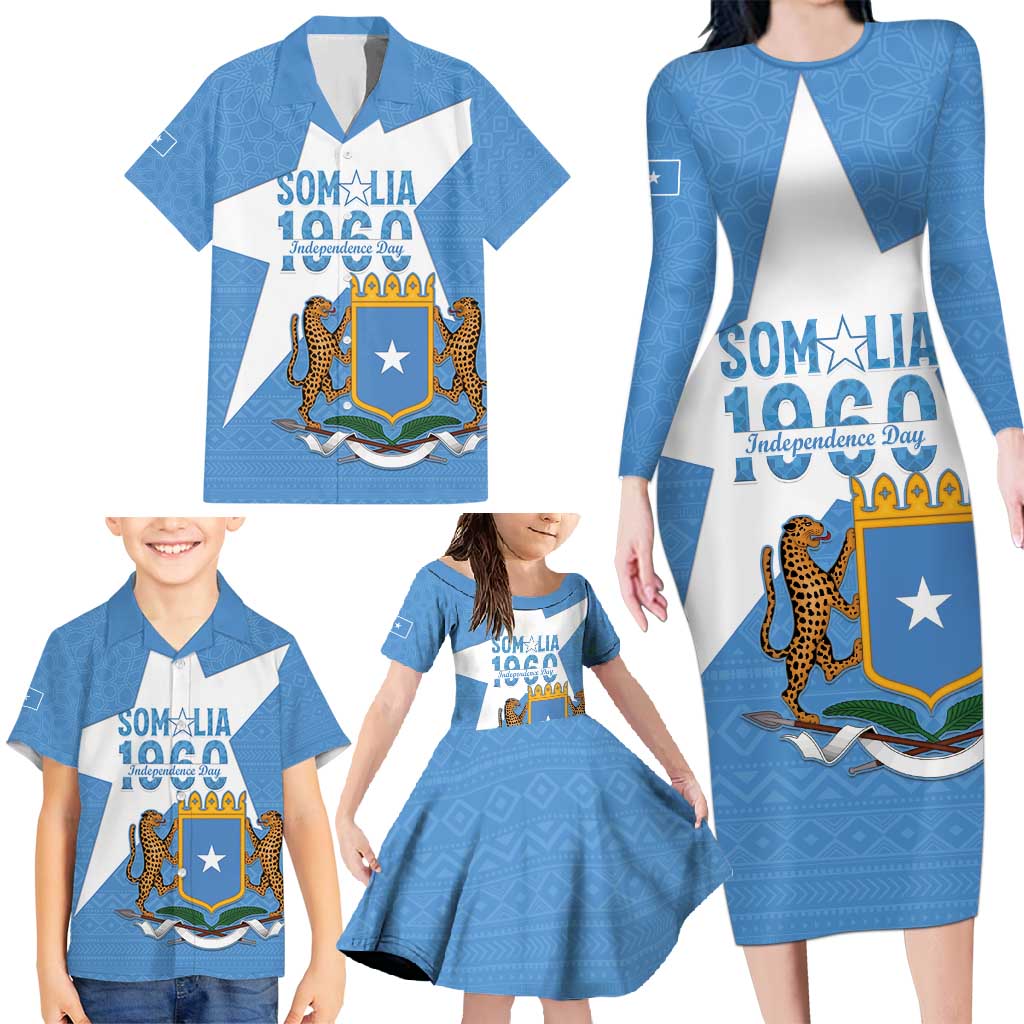 Personalized Somalia 1960 Independence Day Family Matching Long Sleeve Bodycon Dress and Hawaiian Shirt Coat Of Arms Islamic Mix African Pattern