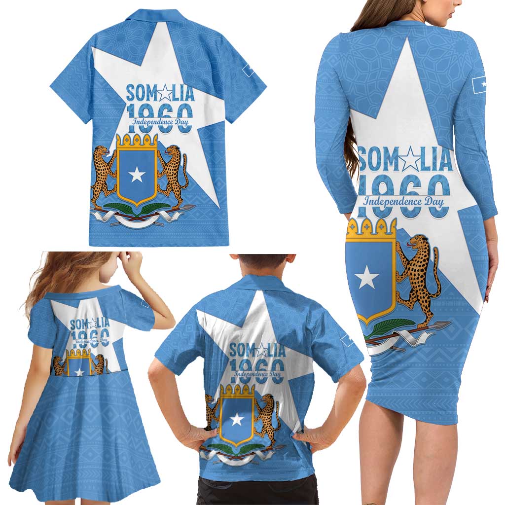 Personalized Somalia 1960 Independence Day Family Matching Long Sleeve Bodycon Dress and Hawaiian Shirt Coat Of Arms Islamic Mix African Pattern