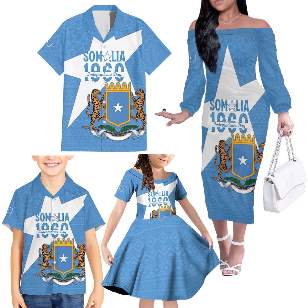 Personalized Somalia 1960 Independence Day Family Matching Off The Shoulder Long Sleeve Dress and Hawaiian Shirt Coat Of Arms Islamic Mix African Pattern