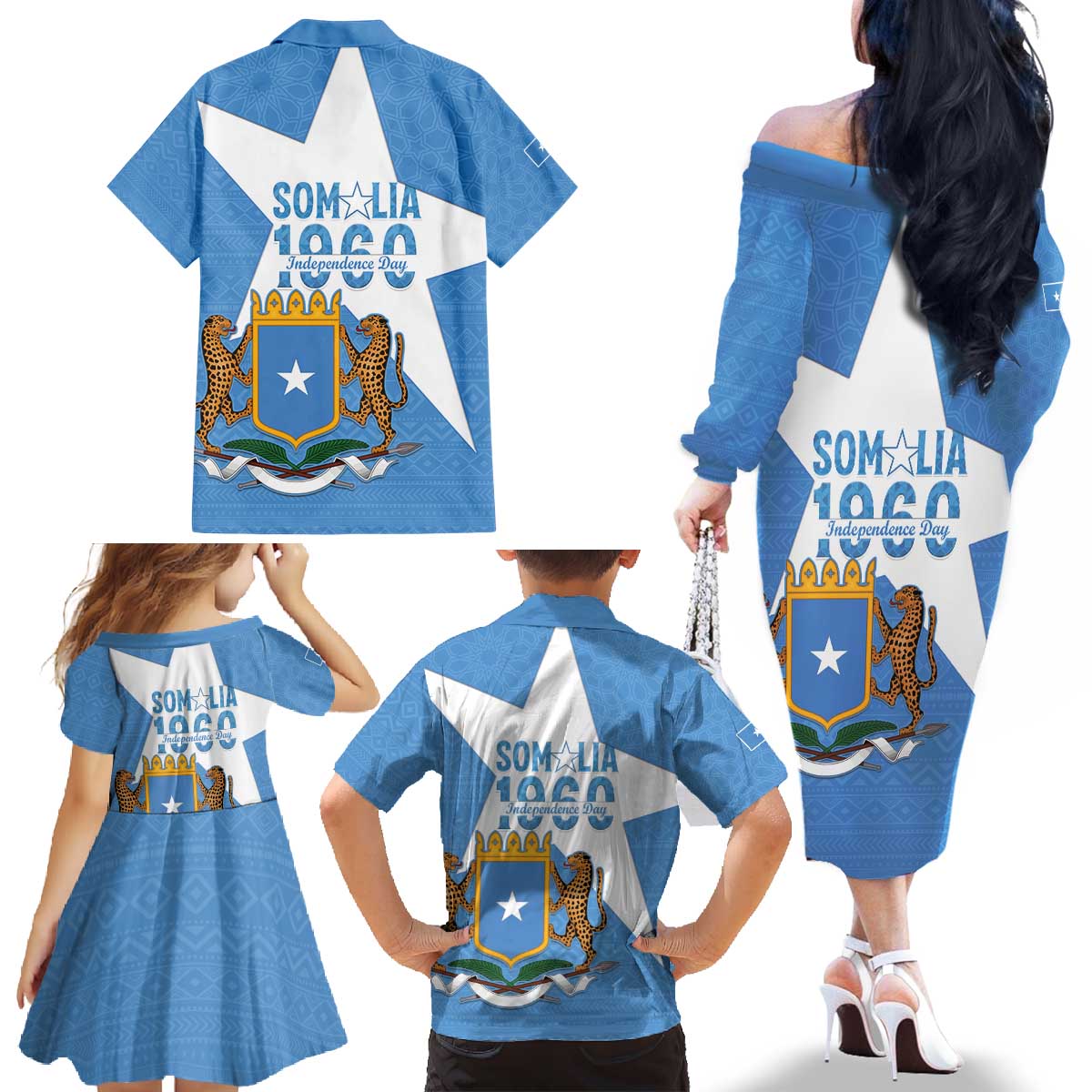 Personalized Somalia 1960 Independence Day Family Matching Off The Shoulder Long Sleeve Dress and Hawaiian Shirt Coat Of Arms Islamic Mix African Pattern