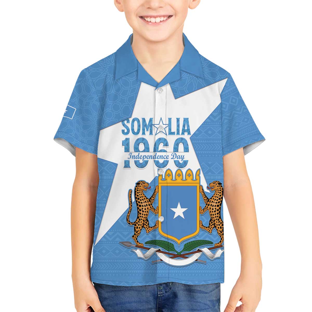 Personalized Somalia 1960 Independence Day Family Matching Off The Shoulder Long Sleeve Dress and Hawaiian Shirt Coat Of Arms Islamic Mix African Pattern