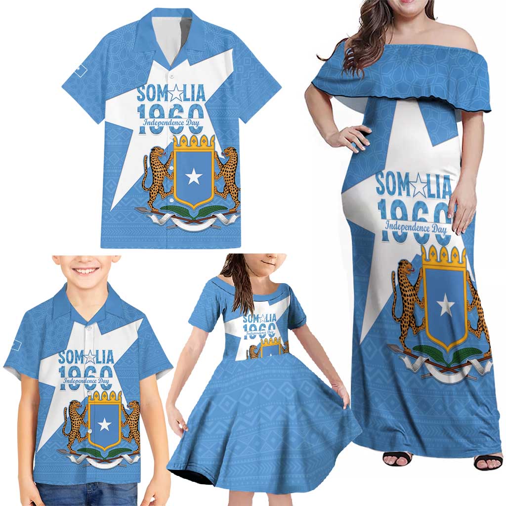 Personalized Somalia 1960 Independence Day Family Matching Off Shoulder Maxi Dress and Hawaiian Shirt Coat Of Arms Islamic Mix African Pattern