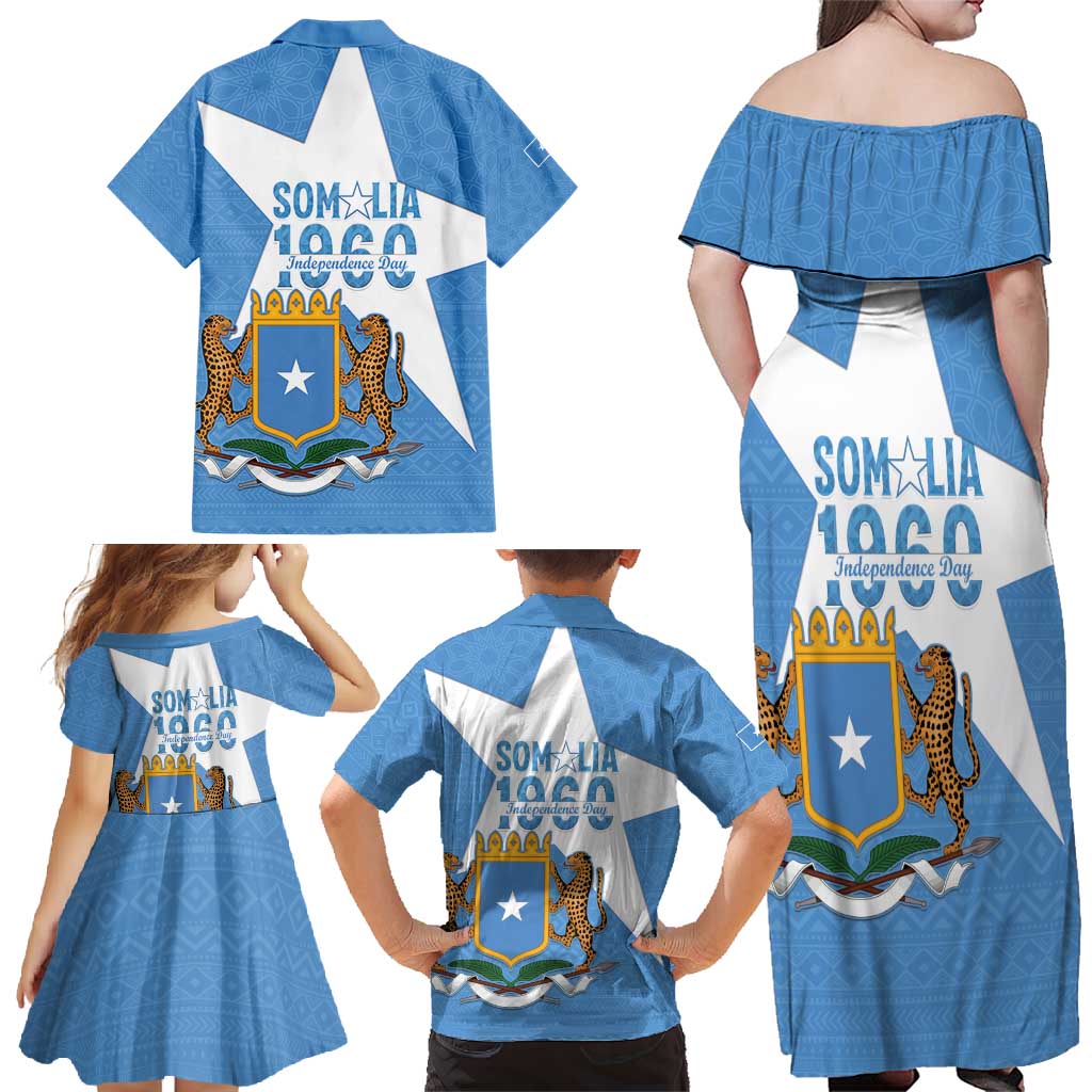 Personalized Somalia 1960 Independence Day Family Matching Off Shoulder Maxi Dress and Hawaiian Shirt Coat Of Arms Islamic Mix African Pattern