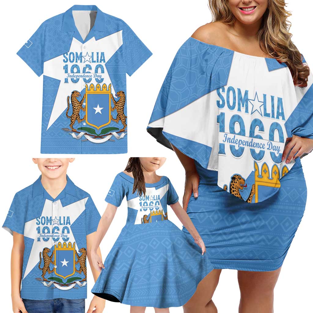 Personalized Somalia 1960 Independence Day Family Matching Off Shoulder Short Dress and Hawaiian Shirt Coat Of Arms Islamic Mix African Pattern