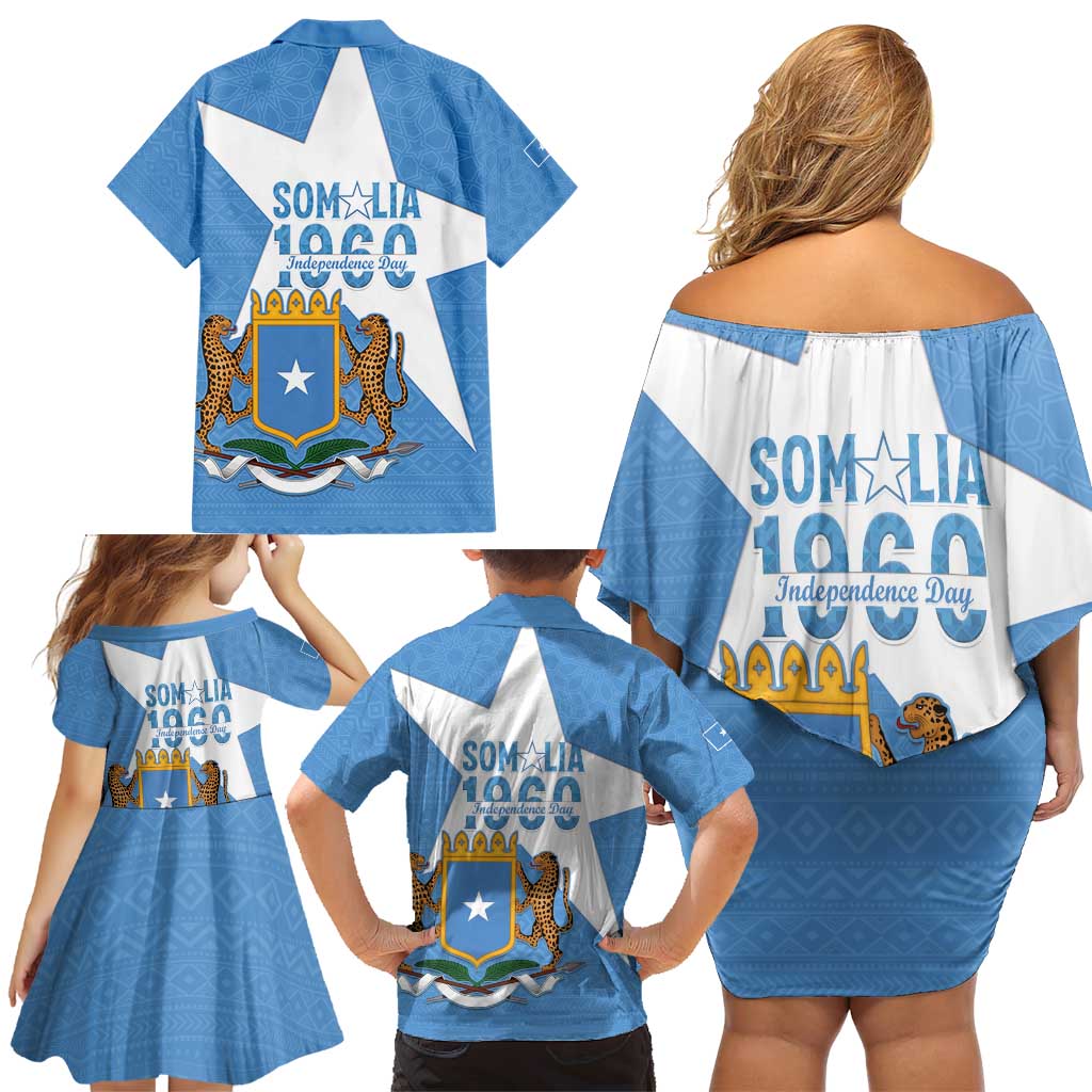 Personalized Somalia 1960 Independence Day Family Matching Off Shoulder Short Dress and Hawaiian Shirt Coat Of Arms Islamic Mix African Pattern
