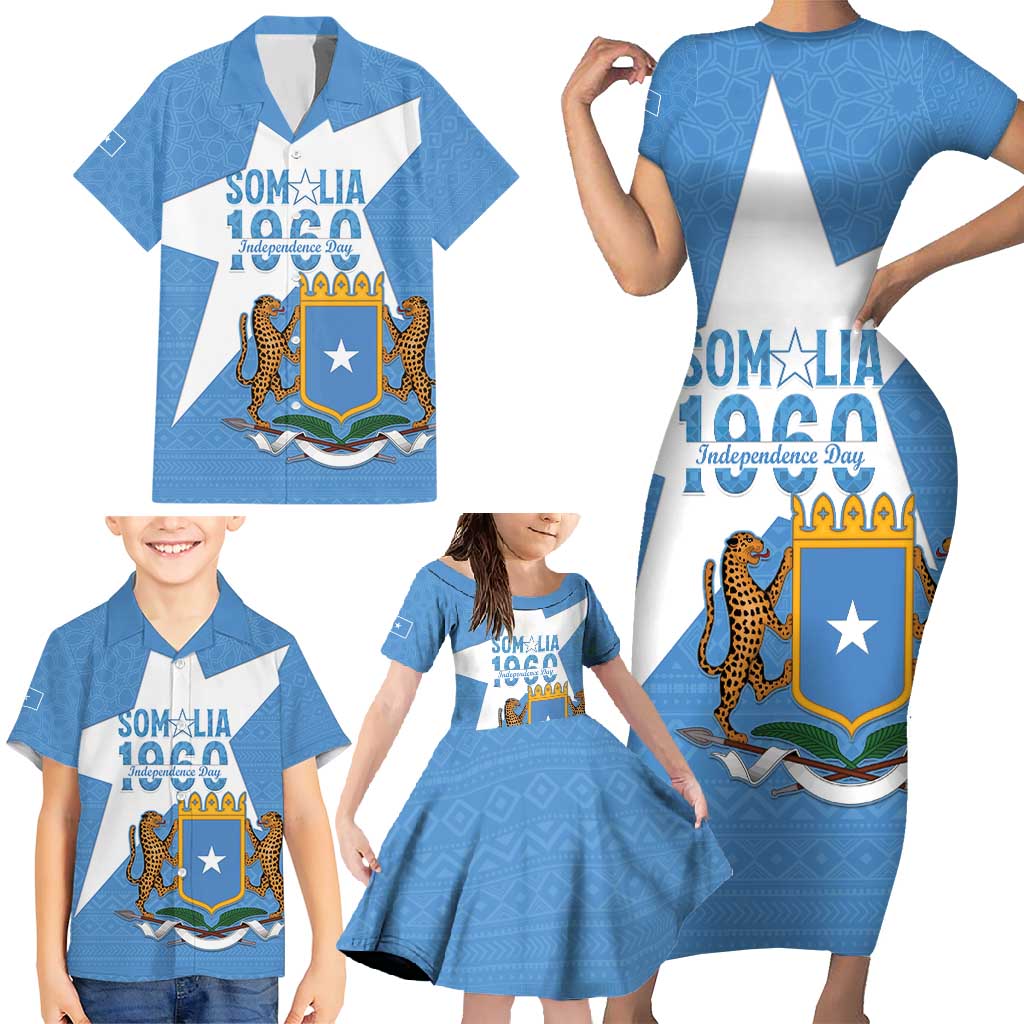 Personalized Somalia 1960 Independence Day Family Matching Short Sleeve Bodycon Dress and Hawaiian Shirt Coat Of Arms Islamic Mix African Pattern