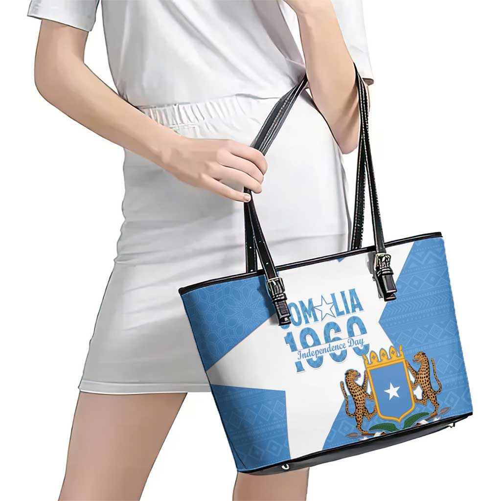 Personalized Somalia 1960 Independence Day Leather Tote Bag Coat Of Arms Islamic Mix African Pattern