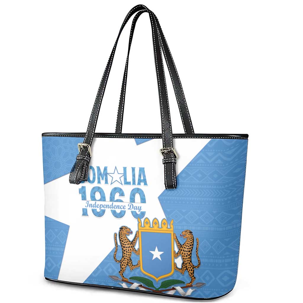 Personalized Somalia 1960 Independence Day Leather Tote Bag Coat Of Arms Islamic Mix African Pattern