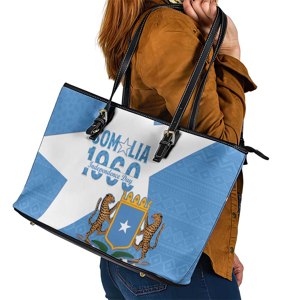 Personalized Somalia 1960 Independence Day Leather Tote Bag Coat Of Arms Islamic Mix African Pattern
