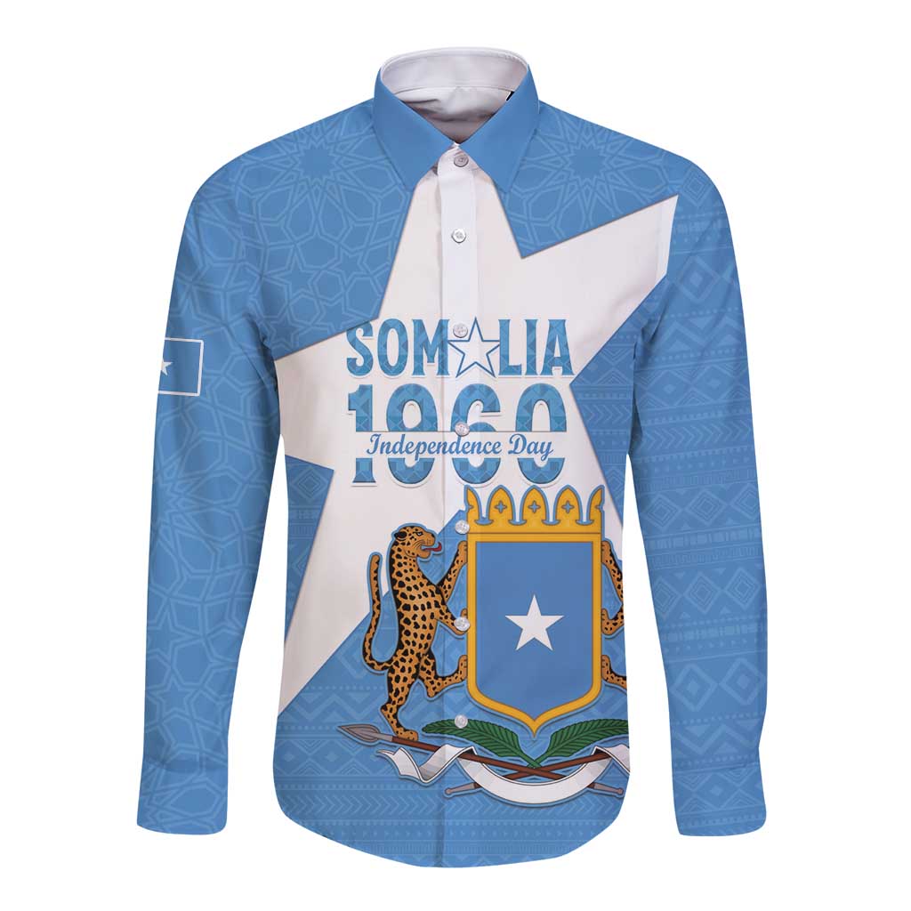 Personalized Somalia 1960 Independence Day Long Sleeve Button Shirt Coat Of Arms Islamic Mix African Pattern